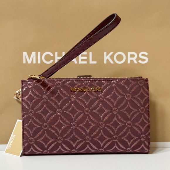Michael Kors Jet Set Travel Large Double Zip Wallet Graphic Logo Oxblood  Multi - Picture 1 of 10